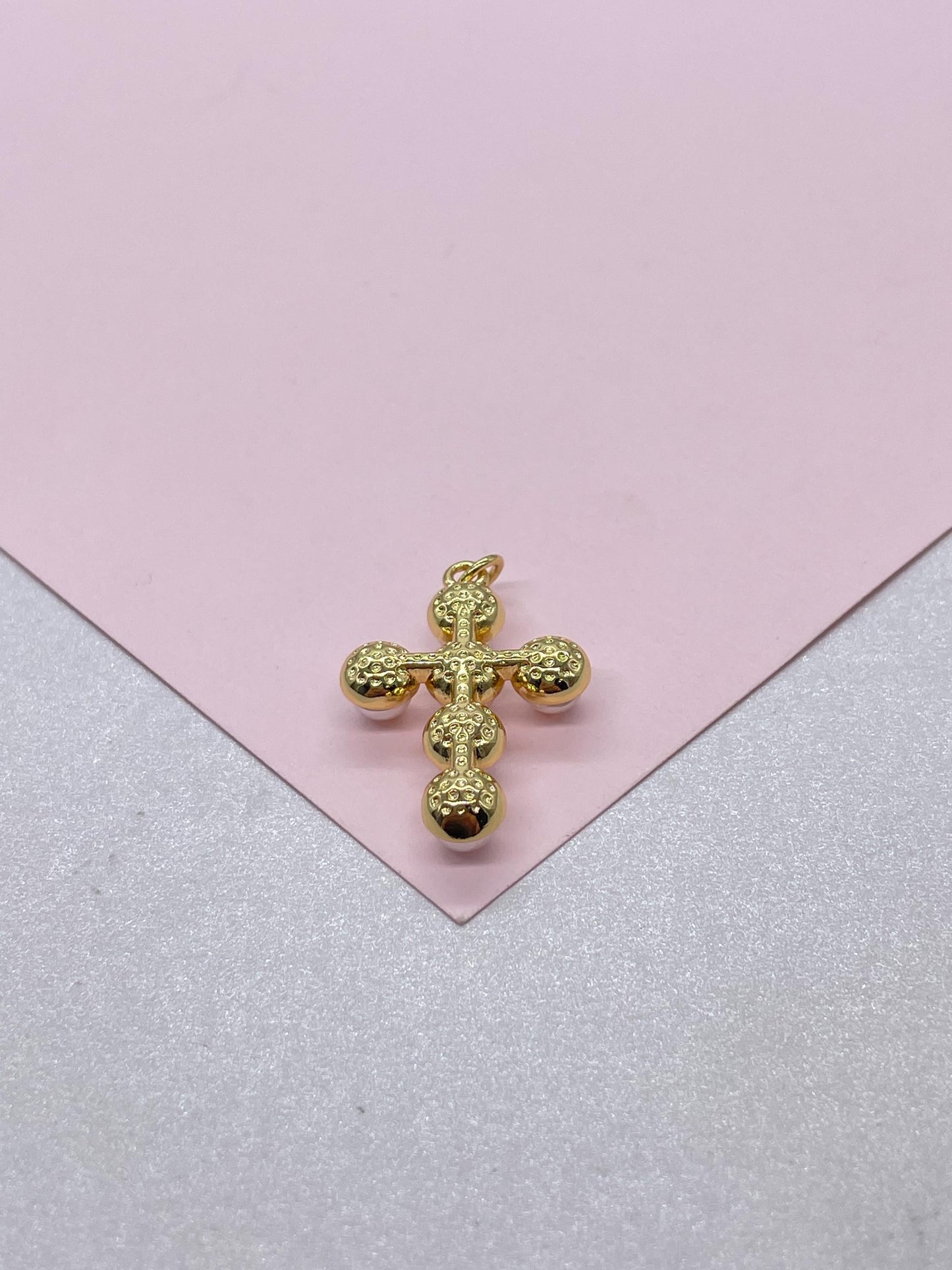 18k Gold Filled Faux XL Puffy Pearl Style Cross Pendant