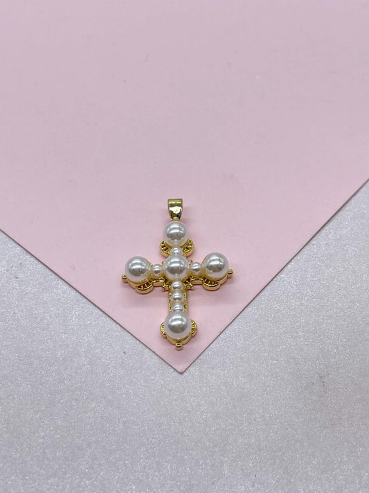 18k Gold Filled Pearl Style Cross Pendant with gold embellishments