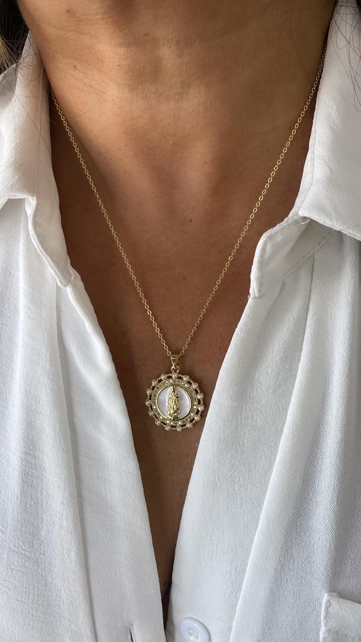 18k Gold Filled Round Virgin Mary Medallion Pendant Crowned with CZ and Round Rice Pearls, Medallion Necklace, Guadalupe Charm