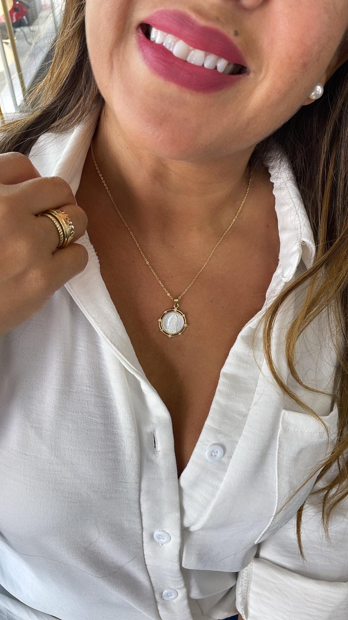 18k Gold Filled Virgin Mary/Guadalupe Mother of Pearl Medallion Charm with Beveled CZ, Guadalupe Necklace, Virgin Mary Charm