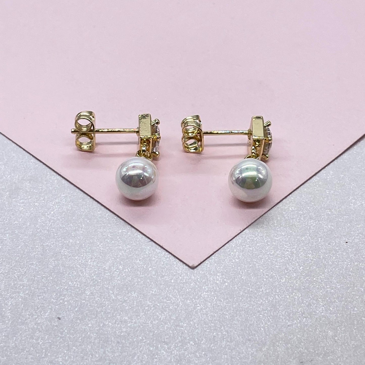 18k Gold Filled Circle Cut CZ Stone Earring With Large Hanging Pearl
