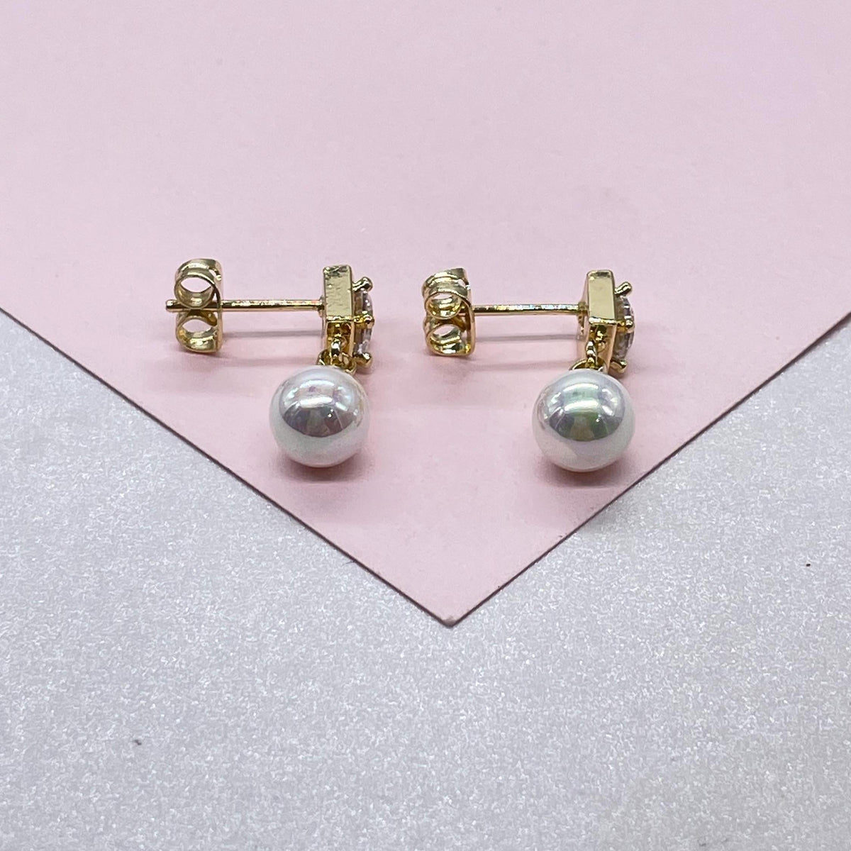 18k Gold Filled Circle Cut CZ Stone Earring With Large Hanging Pearl