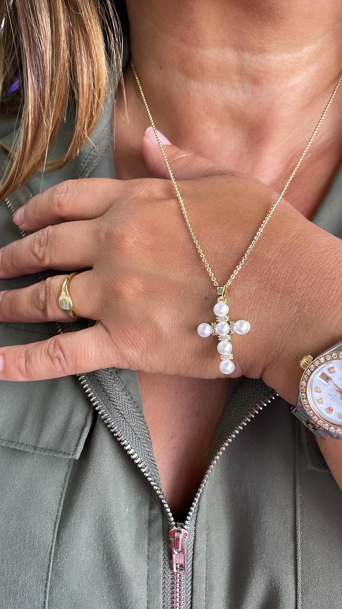 18k Gold Filled Pearl Style Cross Pendant with gold embellishments