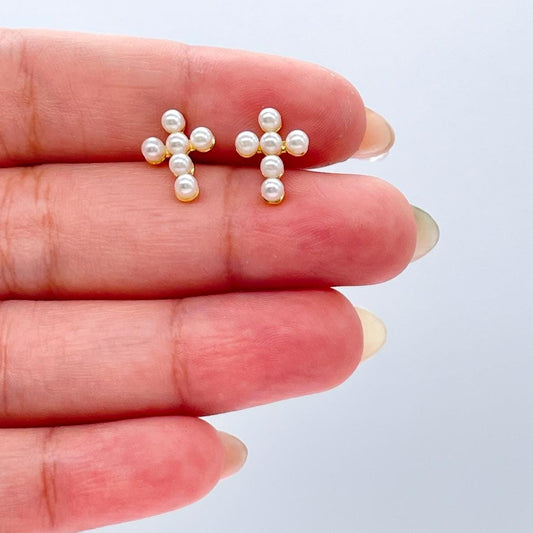 18k Gold Filled Tiny Cross Beaded Pearl Stud Earring, Christening Jewelry, Cross Earrings, Pearl Cross, Dainty Cross