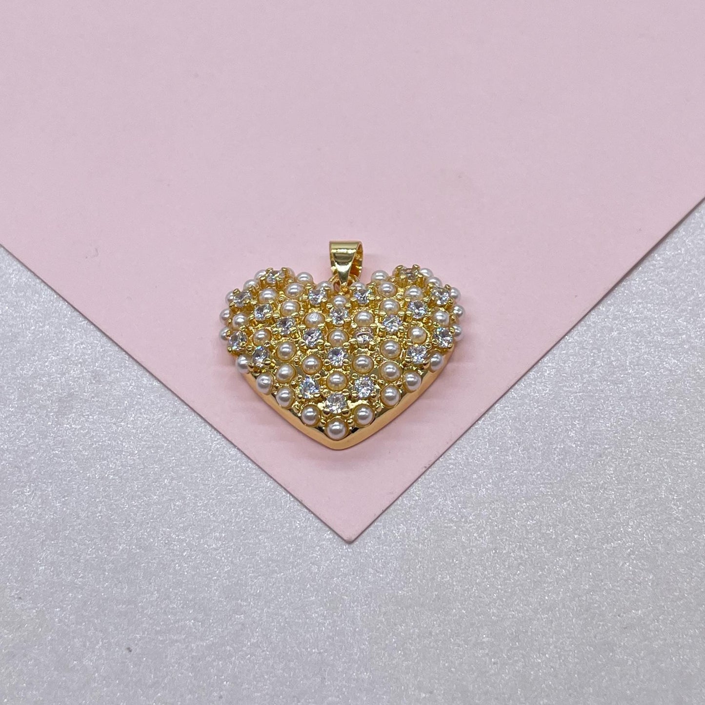 18k Gold Filled Puffy Heart Crowned with Pearl Beads