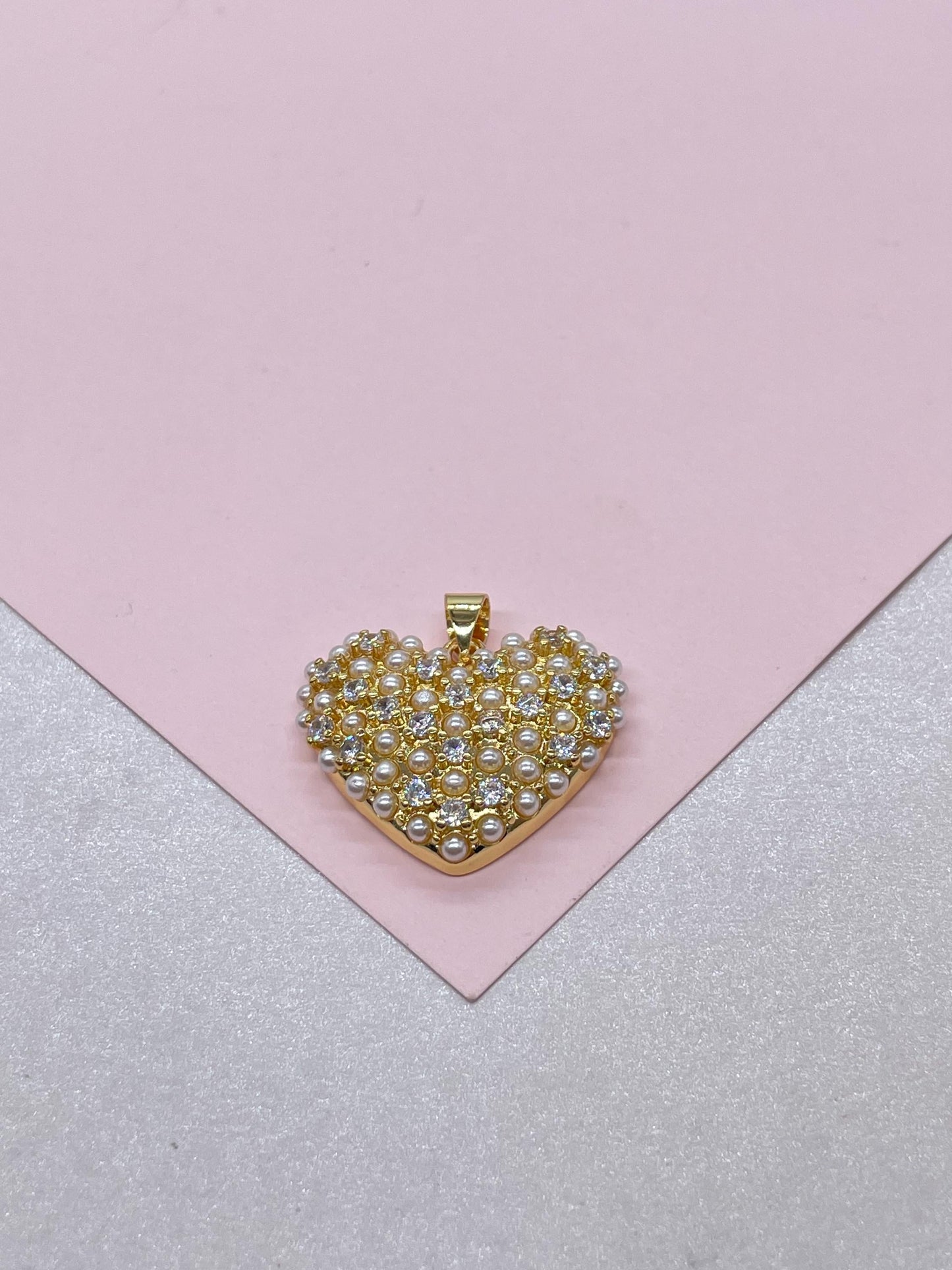 18k Gold Filled Puffy Heart Crowned with Pearl Beads