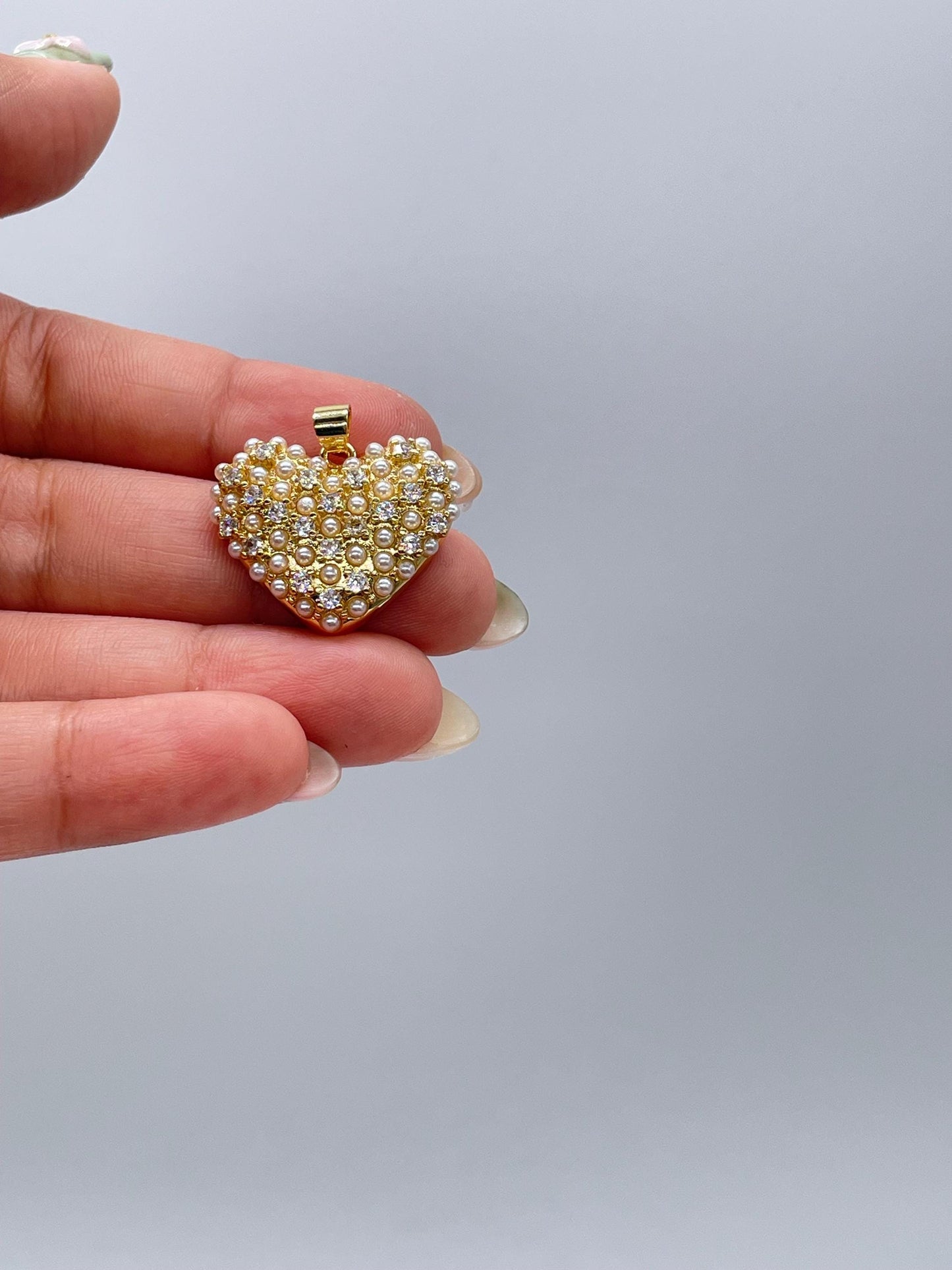 18k Gold Filled Puffy Heart Crowned with Pearl Beads