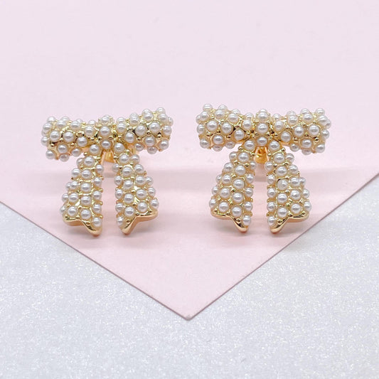 18k Gold Filled Bow Stud Earring With Engraved Baby Faux Pearl