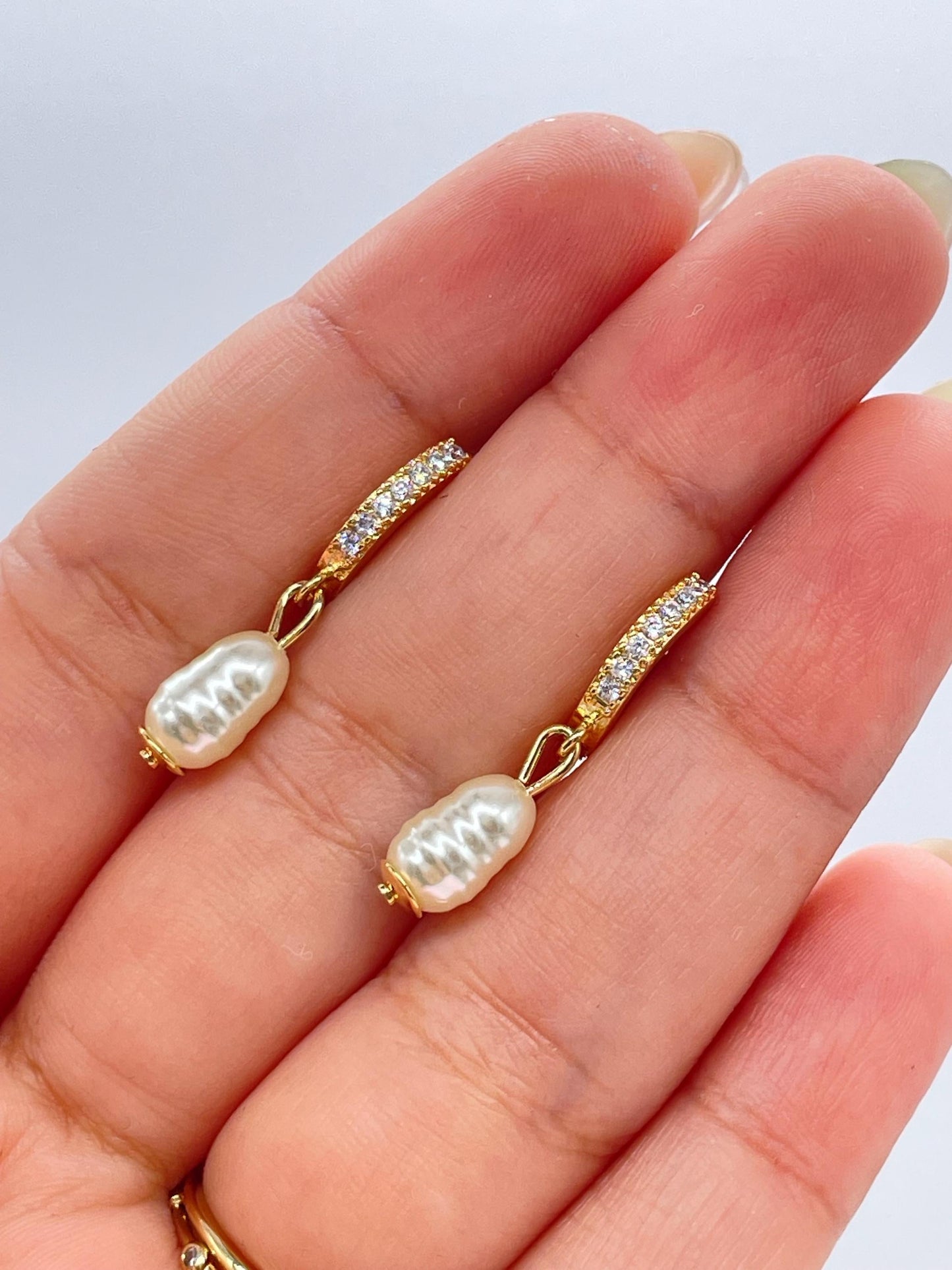 18k Gold Filled CZ Hoop Earring with Dangling Faux Pearl