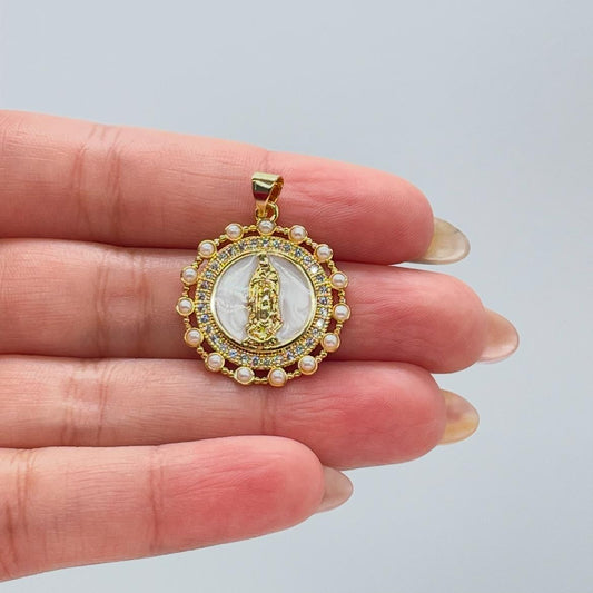 18k Gold Filled Round Virgin Mary Medallion Pendant Crowned with CZ and Round Rice Pearls, Medallion Necklace, Guadalupe Charm