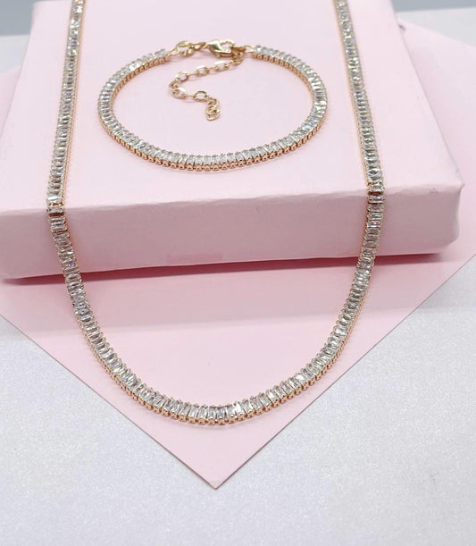 18k Gold Filled Baguette Cubic Zirconia Choker Necklace and Bracelet Set