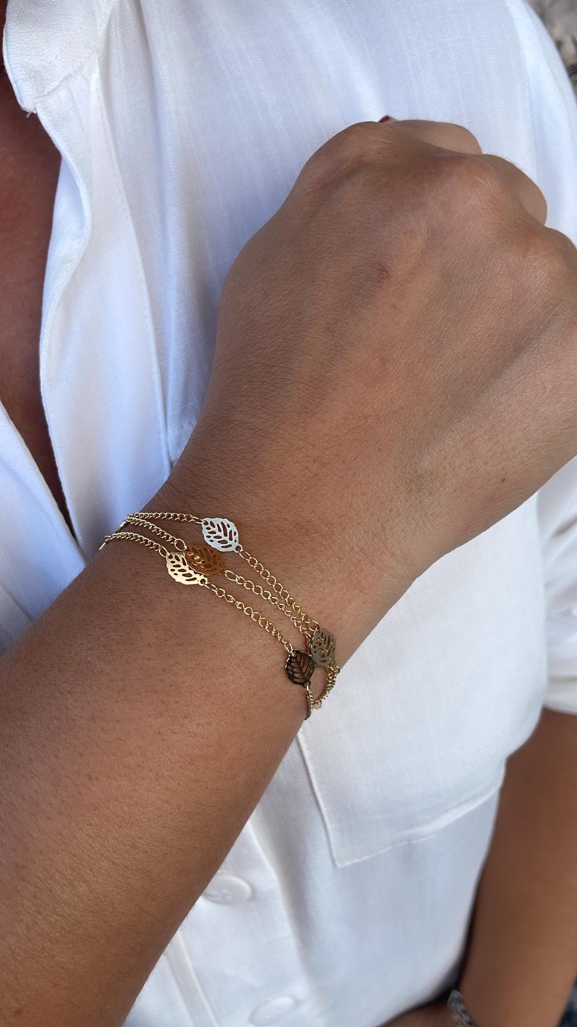 18k Gold Filled 3 in 1 Curb Link Bracelet with Leaf charms