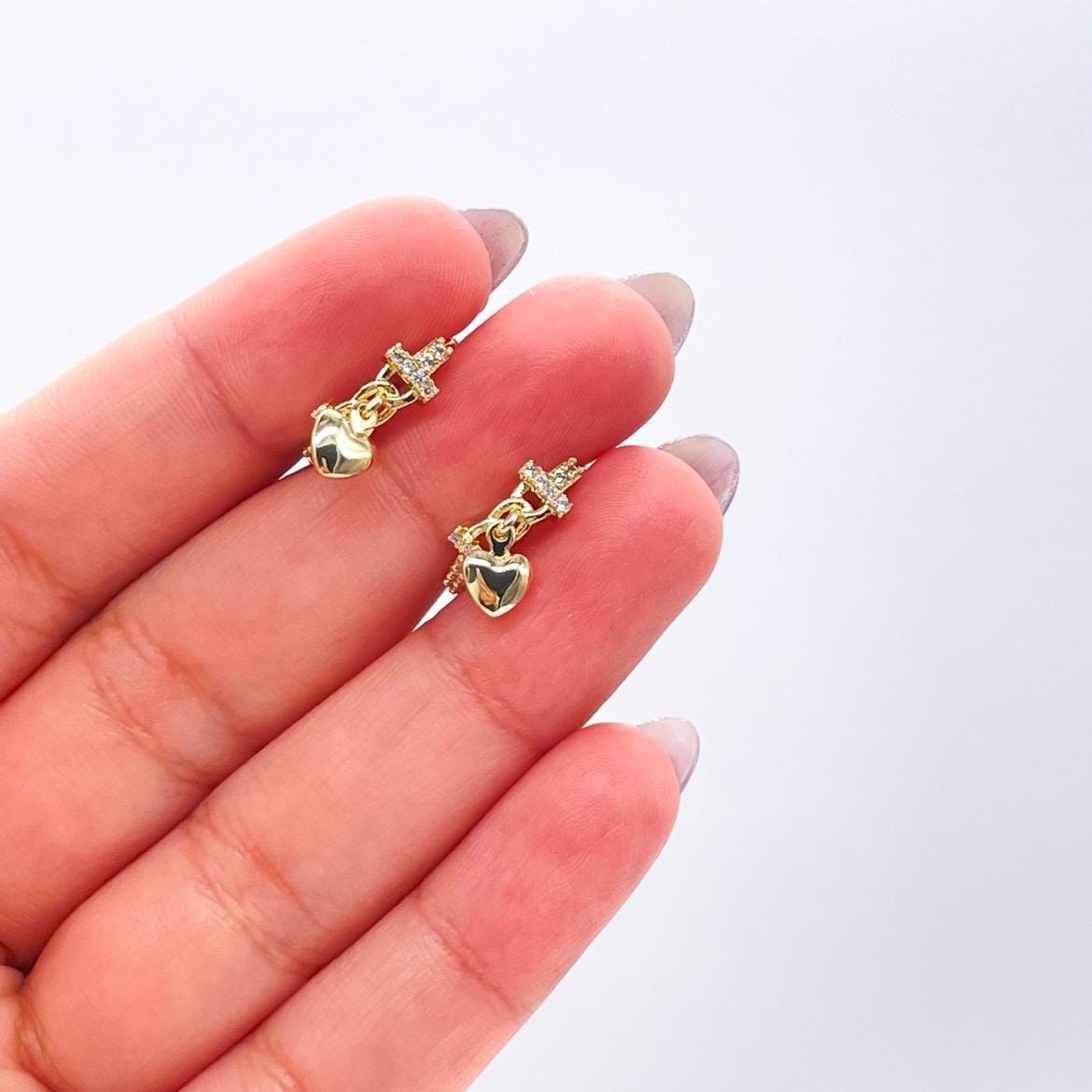 18k Gold Filled CZ Link Design Huggie with Heart Charm
