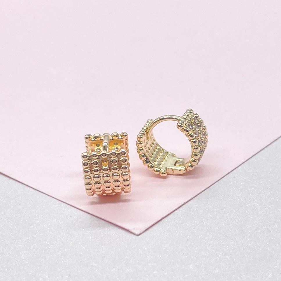 18k Gold Filled Wide Bead Engraved CZ Huggie Hoops