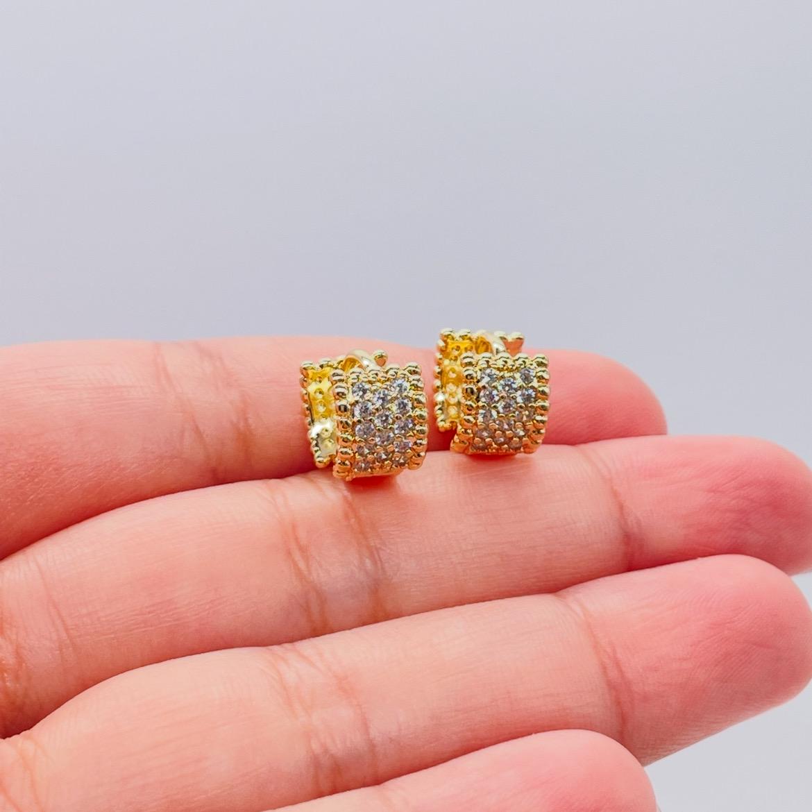 18k Gold Filled Wide Bead Engraved CZ Huggie Hoops