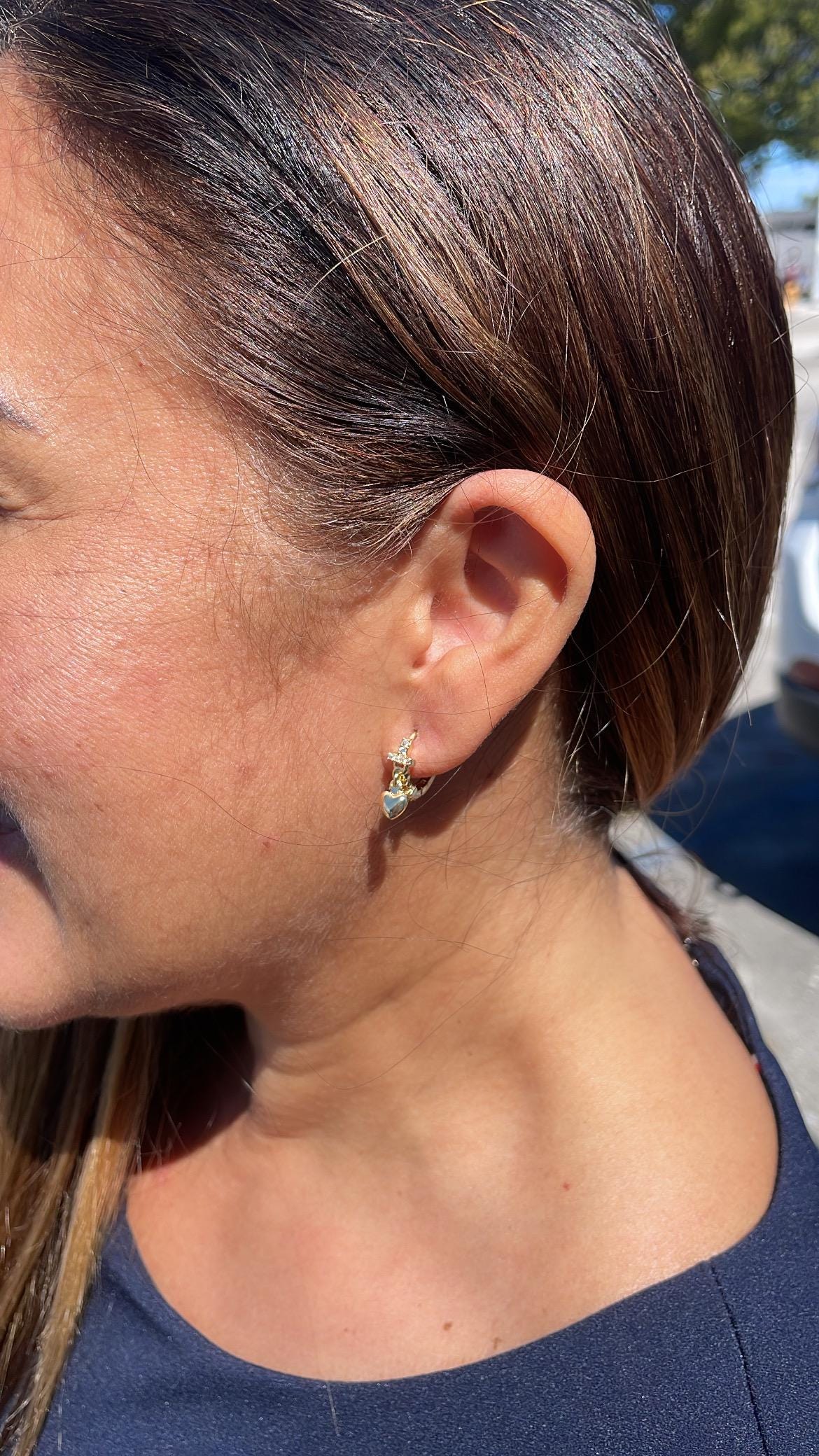 18k Gold Filled CZ Link Design Huggie with Heart Charm