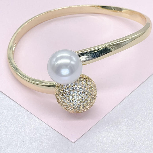 18k Gold Filled Smooth Bangle Dual Ended With Pearl and CZ