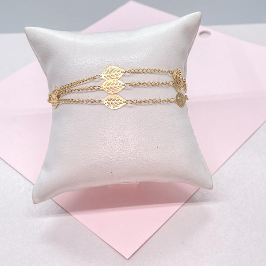 18k Gold Filled 3 in 1 Curb Link Bracelet with Leaf charms