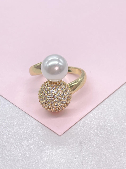 18k Gold Filled Adjustable Dual Ring With Pearl and CZ