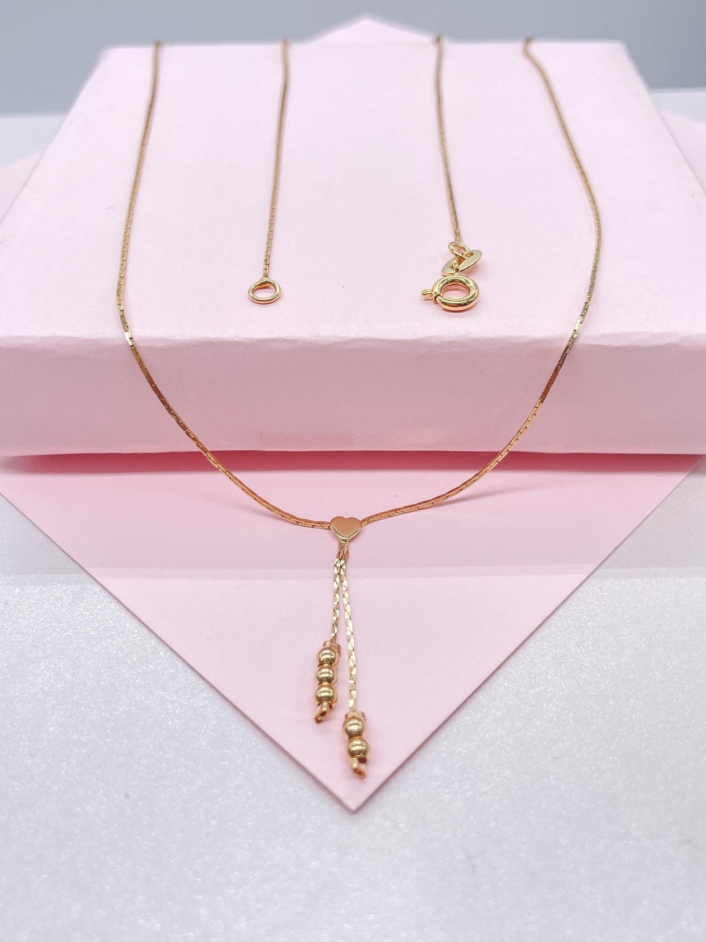 18k Gold Filled Cobra Link Choker with Engraved Tiny Heart and Beads Detail