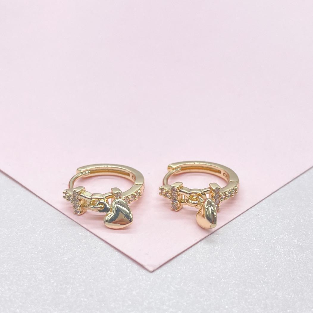 18k Gold Filled CZ Link Design Huggie with Heart Charm