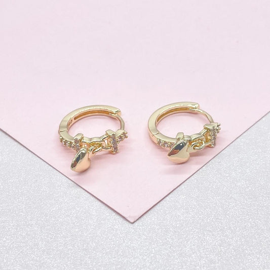 18k Gold Filled CZ Link Design Huggie with Heart Charm