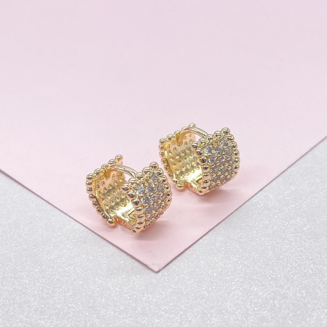 18k Gold Filled Wide Bead Engraved CZ Huggie Hoops