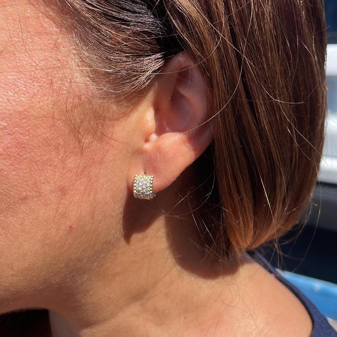 18k Gold Filled Wide Bead Engraved CZ Huggie Hoops