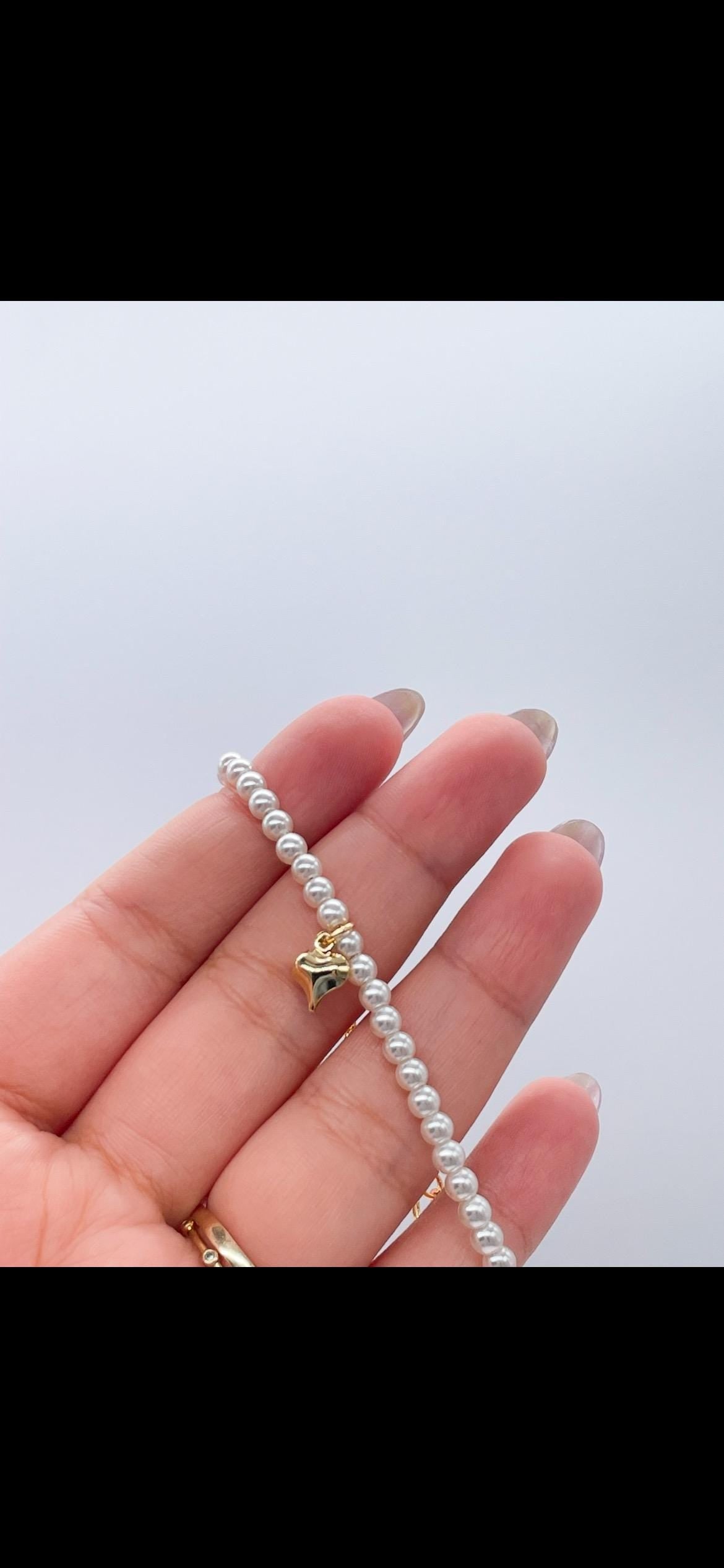 18k Gold Filled Beaded Choker Necklace and Bracelet with 4mm Pearls and Plain Heart Charm