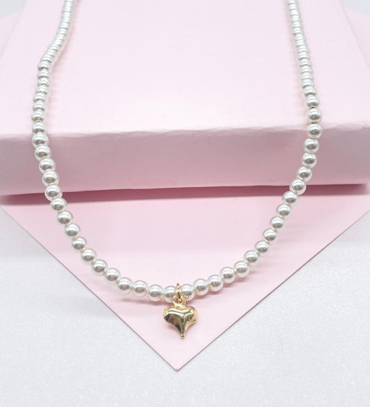 18k Gold Filled Beaded Choker Necklace and Bracelet with 4mm Pearls and Plain Heart Charm