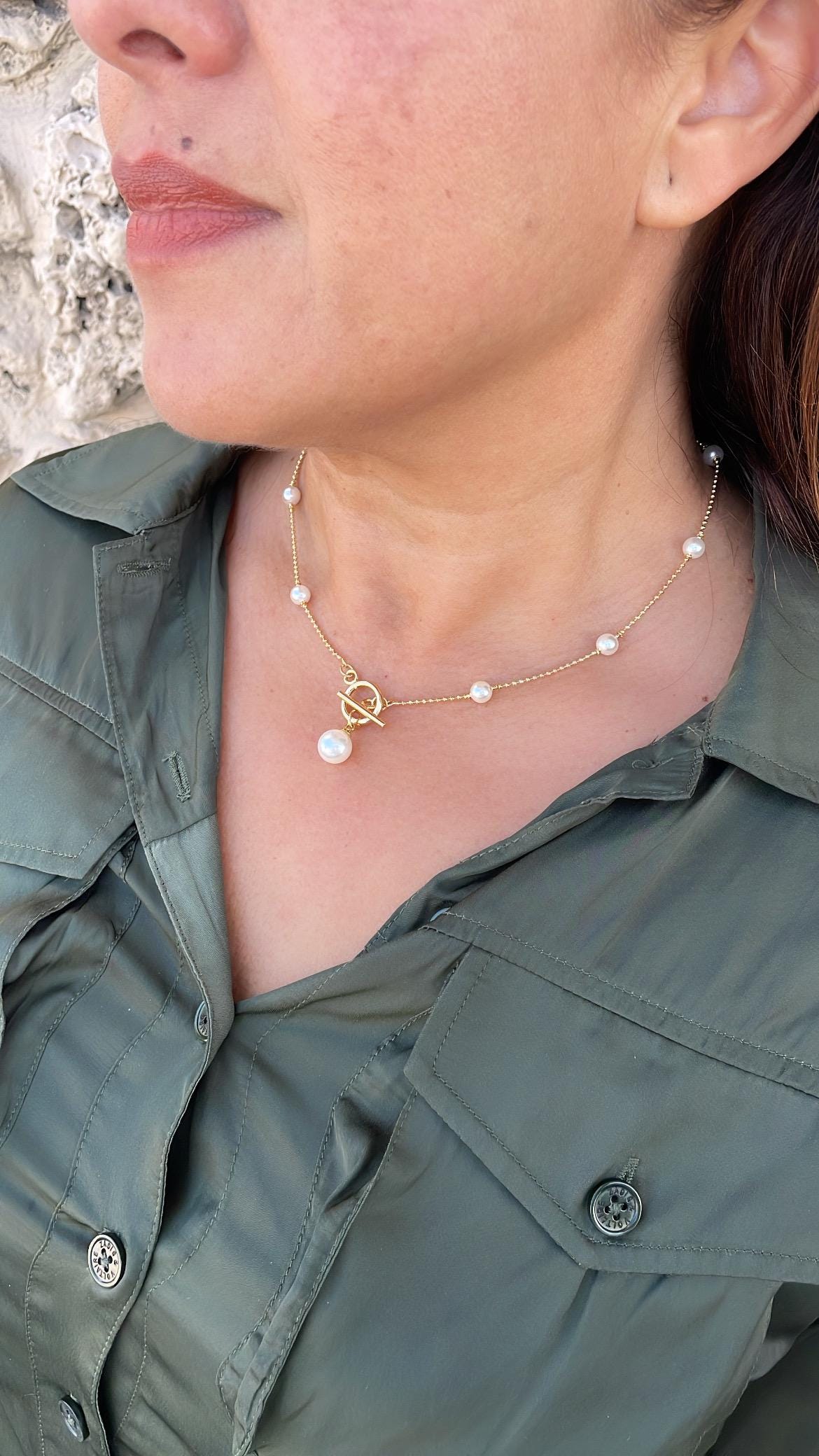 18k Gold-Filled Custom-Made Pearl Satellite Choker with Toggle Clasp and Pearl Charm