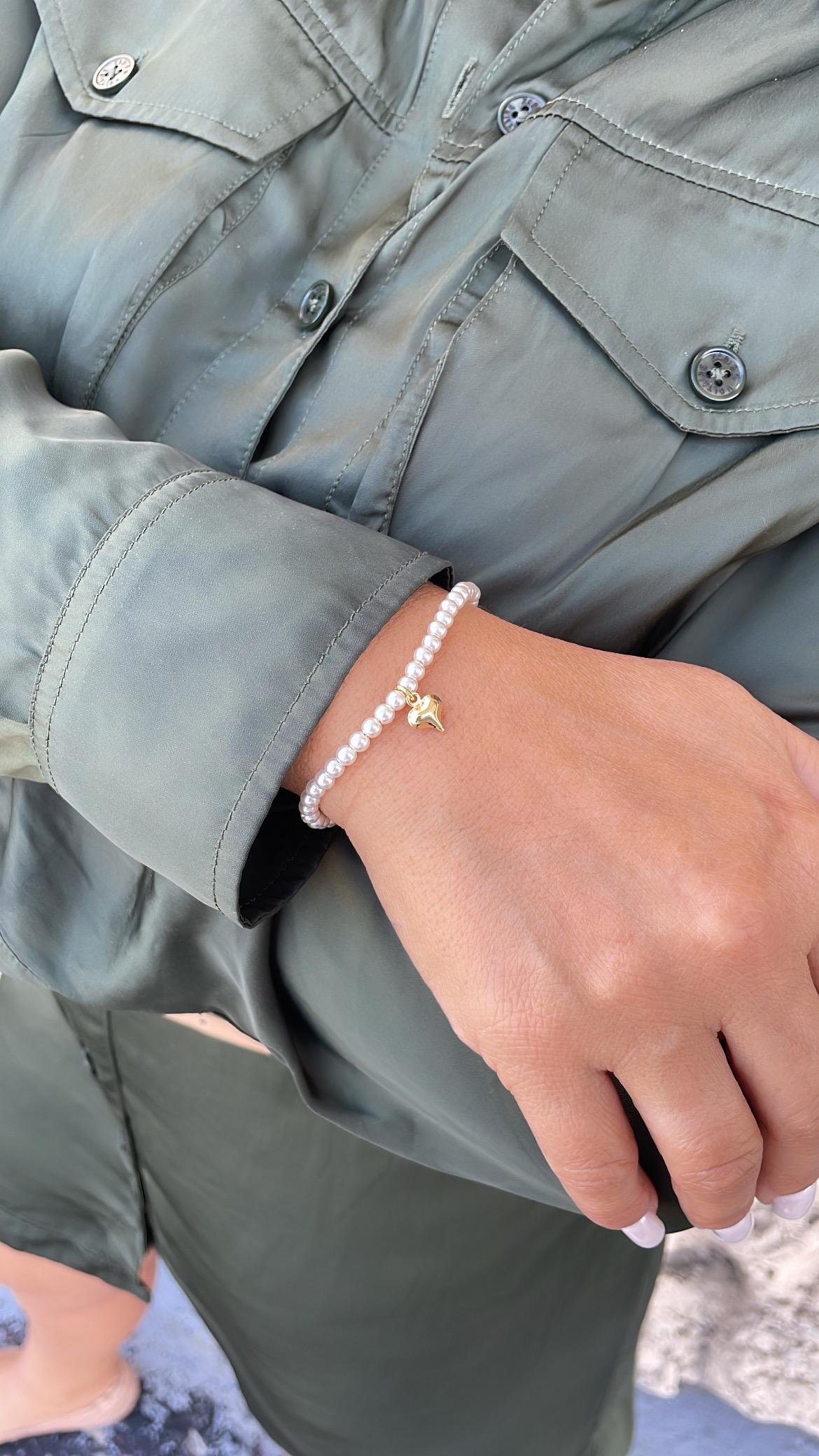 18k Gold Filled Beaded Choker Necklace and Bracelet with 4mm Pearls and Plain Heart Charm