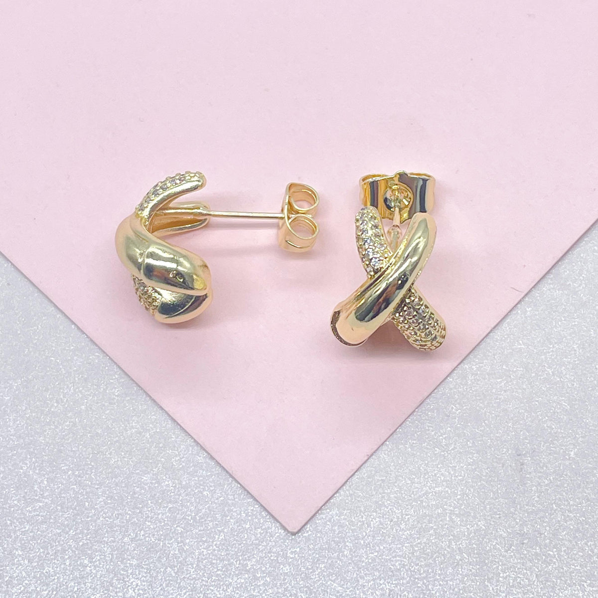 18k Gold Filled X Stud Hoop Earring with CZ Patterned