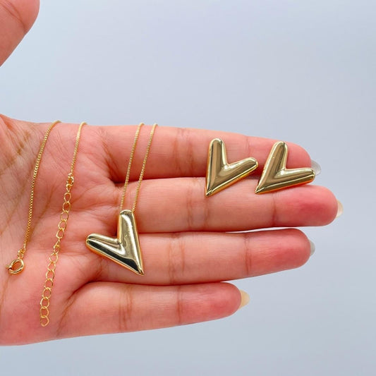 18k Gold Filled Box Chain Necklace with Smooth XL Heart Pendant, and Stud Earrings