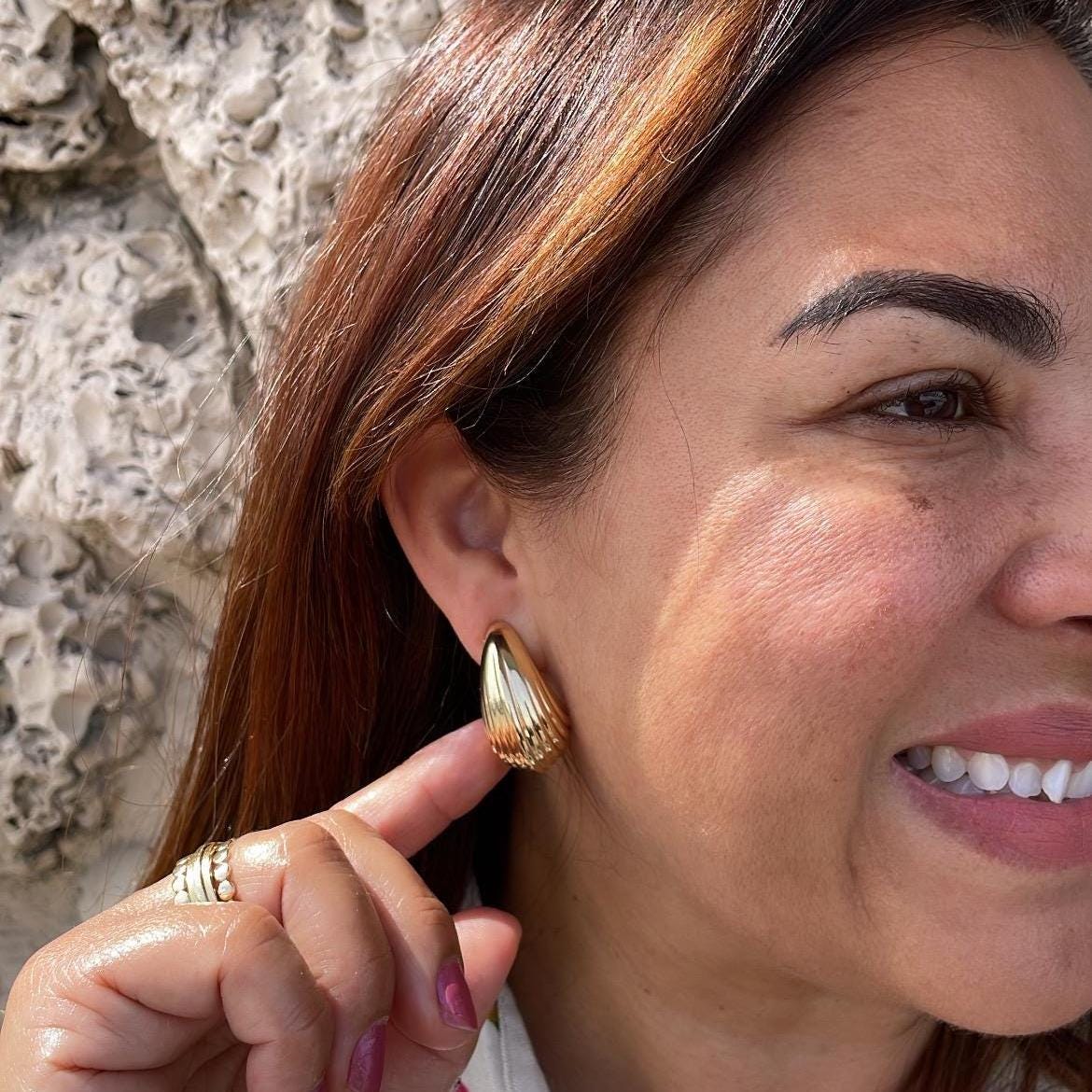 18k Gold Filled Smooth XL Tear Drop Earring with Shell Patterns