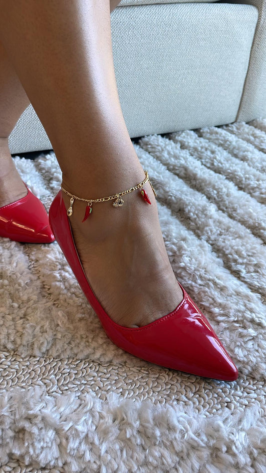 18k Gold Filled Red Pepper, Pumpkin, Fork and Spoon Protection Anklet in a Figaro Chain