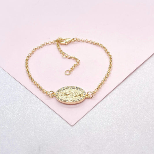 18k Dainty Gold Filled Rolo Bracelet with Engraved Virgin Mary Medallion Center