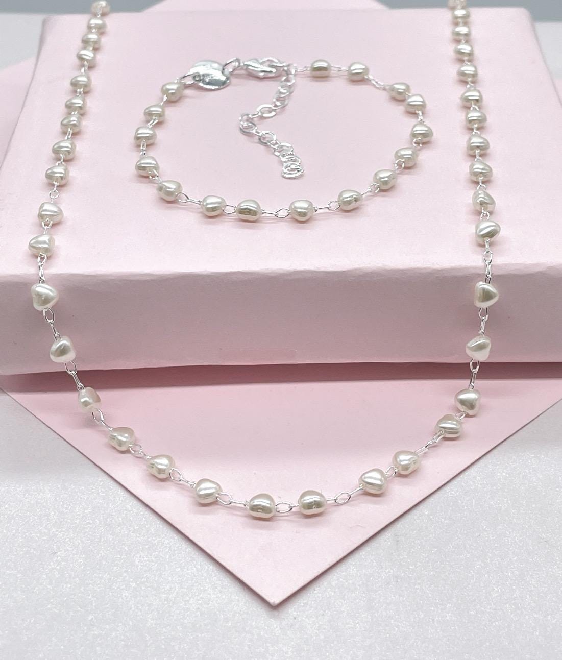 Silver Filled Tiny Heart Shape Pearl Set