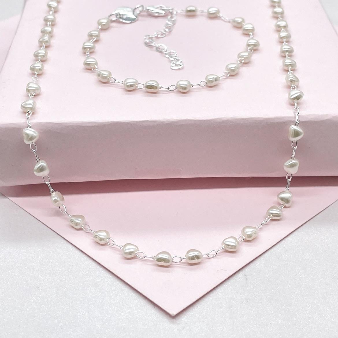 Silver Filled Tiny Heart Shape Pearl Set
