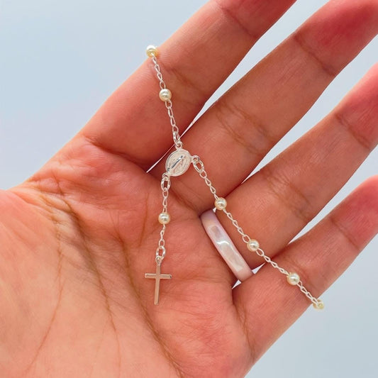 Dainty Silver Filled Beaded Pearl Satellite Rosary Bracelet with Virgin Mary and Crucifix Charm