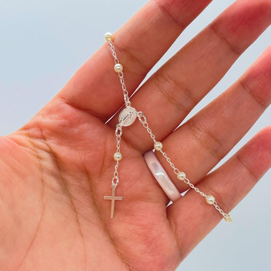 Dainty Silver Filled Beaded Pearl Satellite Rosary Bracelet with Virgin Mary and Crucifix Charm