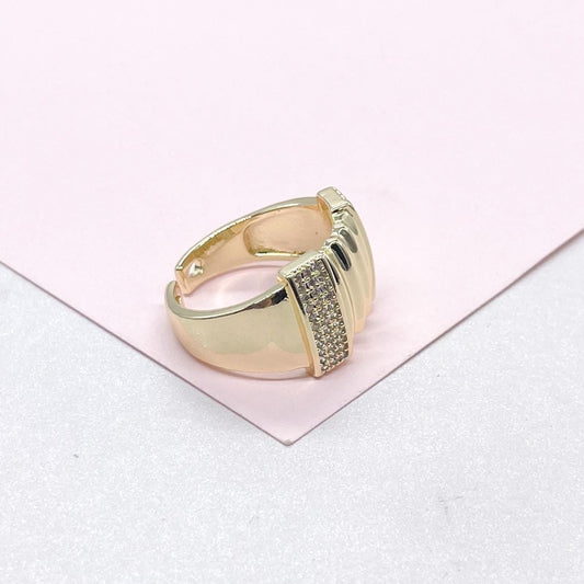 18k Gold Filled Adjustable Ring with Rowed Pattern and Round Pave CZ