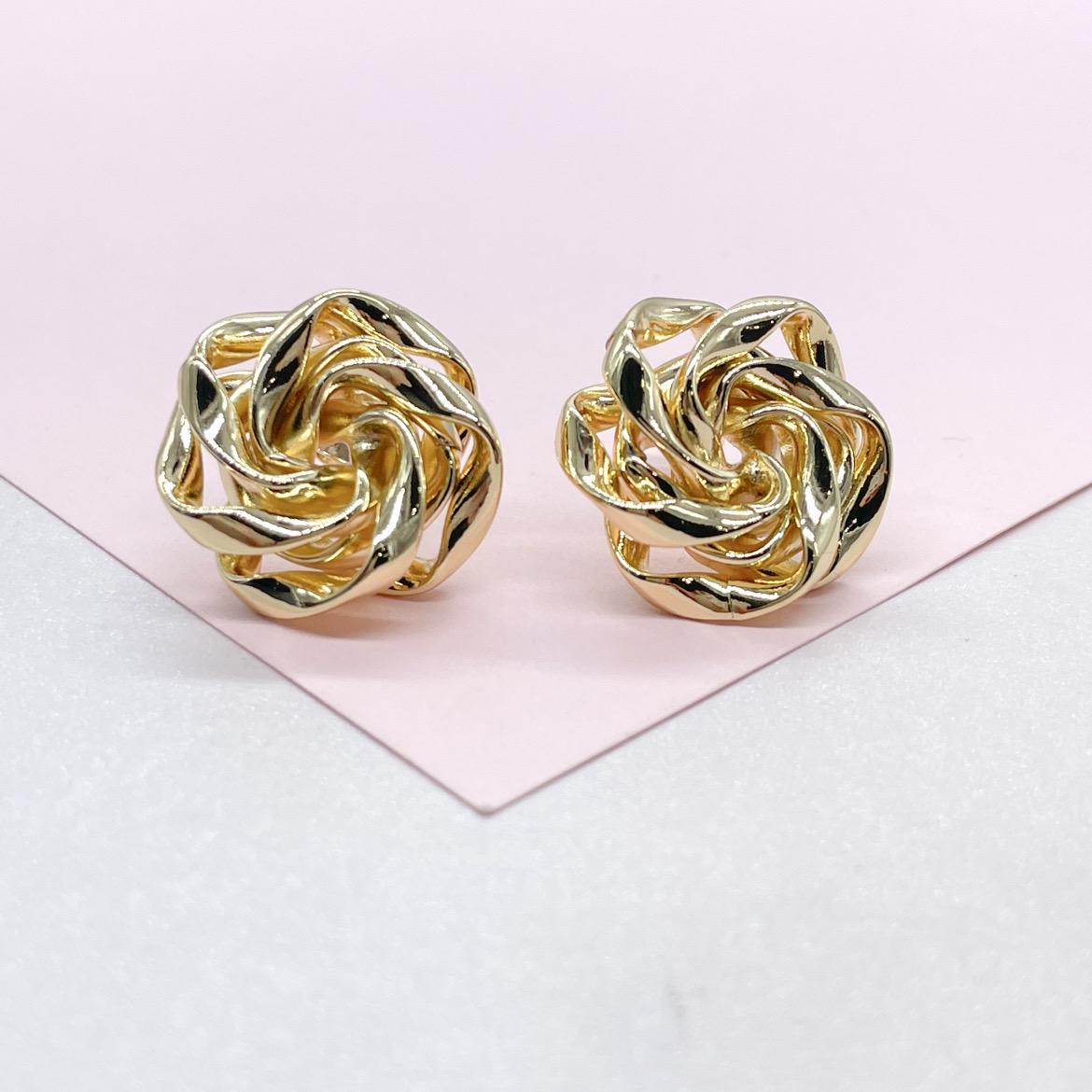 18k Gold Filled Textured Twist and Smooth Flower Shape Earrings