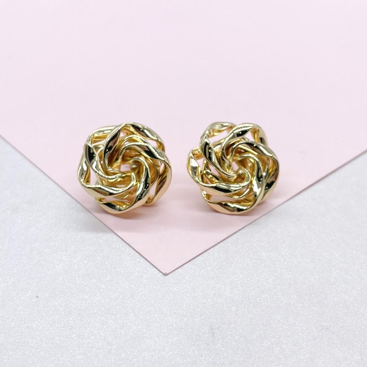 18k Gold Filled Textured Twist and Smooth Flower Shape Earrings