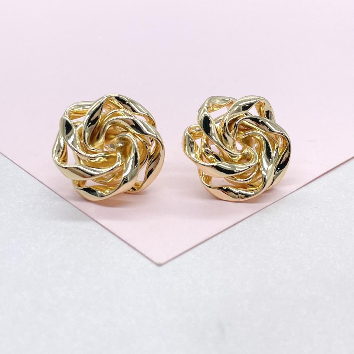 18k Gold Filled Textured Twist and Smooth Flower Shape Earrings