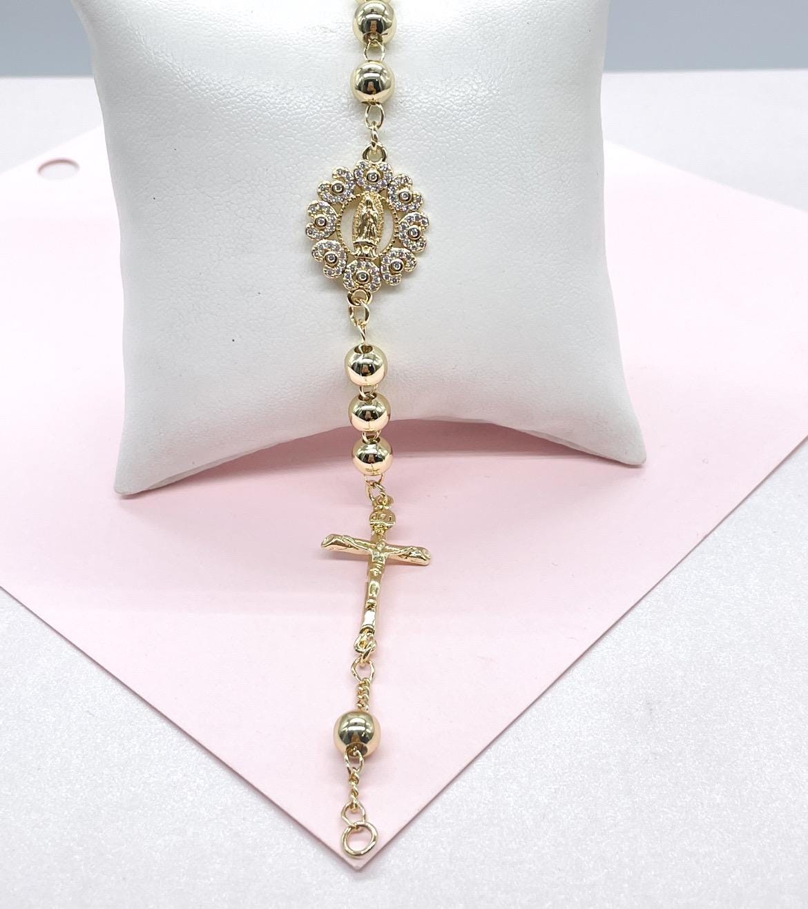 18k Gold Filled Rosary Bracelet: Virgin Mary, Jesus Crucifix, CZ Medal