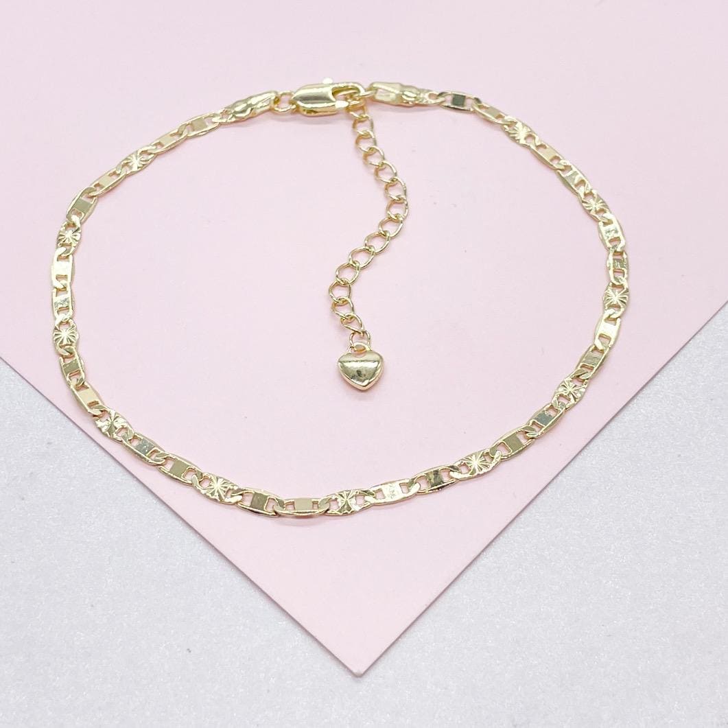 18k Gold Filled 3mm Mariner Link Anklet featuring Starburst Design