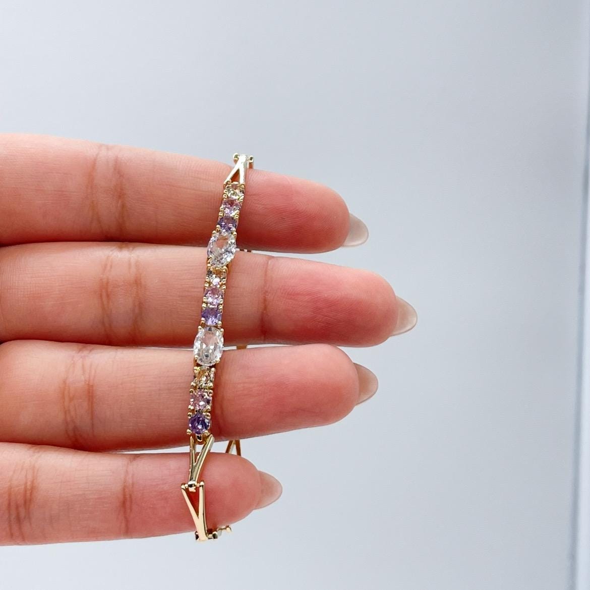 18k Gold Filled 4mm Spear Link Bracelet with Pastel and White CZ Stoned