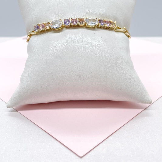 18k Gold Filled 4mm Spear Link Bracelet with Pastel and White CZ Stoned