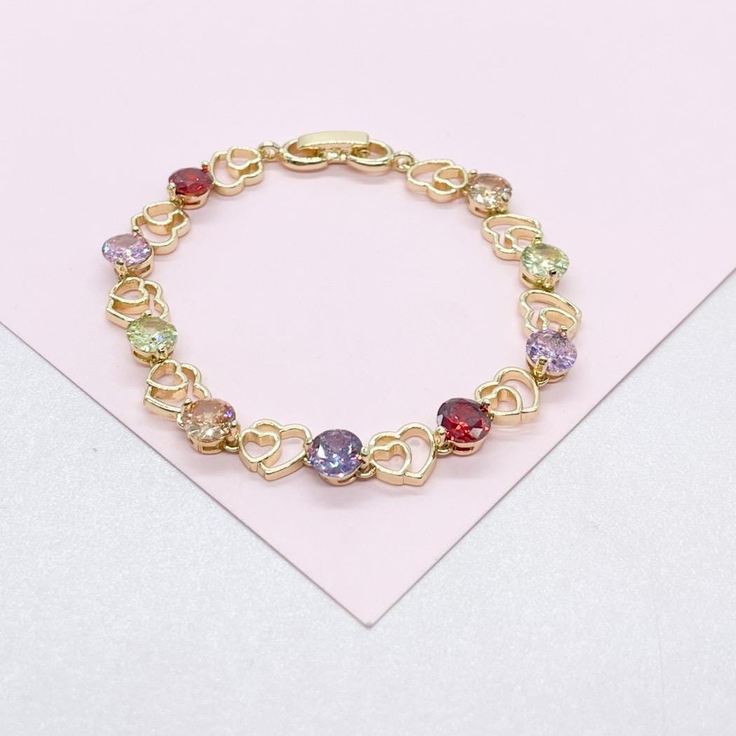 18k Gold Filled Heart Patterned Bracelet with Round Colorful CZ Stones